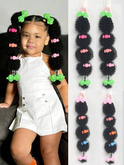 2pcs KIds Synthetic Afro Exploding Ball Ponytail Fashion Girls Black Bubble Ponytail With Colored Clip Little Girl Cute Wig Headgear(Accessories Come In Random Colors)