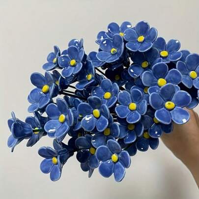8朵手工模制陶瓷花，勿忘我陶瓷花，“蓝色之恋”手工陶瓷工艺品，永不褪色，永生陶瓷花，室内外家居装饰，无需用电，节日礼物，家居摆件，中国风DIY陶瓷花