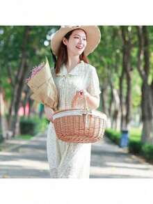 1pc Handmade Picnic Basket, Natural Wicker Basket, Rustic Style Wicker Picnic Basket Gift Basket With Lid, Handle And Lining, Suitable For Picnic, Party And BBQ, Basket, Woven Basket, Wicker Basket, Gift Basket, Wicker Basket, Picnic, Basket With Handle - A - View 6