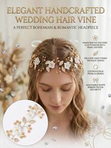 1件波西米亚风新娘金色发饰，饰有多朵白色花朵和人造珍珠，配有可调节缎带系带头箍，适合婚礼派对佩戴 - 金色 - 查看 3