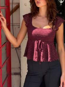 Women's Burgundy Lace Cropped Top | Square Neck Short Sleeve Tie Waist Ruffle Blouse Suitable For Brunch And Everyday Wear Casual Summer - Burgundy - View 4
