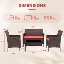 4-Piece Outdoor Furniture Set, PE Rattan Wicker Chairs With Soft Cushions & Tempered Glass Coffee Table - All-Weather Patio Set For Garden, Backyard, Porch, Poolside - Brown/Red - View 2