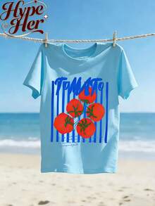 Women's Summer 'Tomato Vine Print Summer Garden Theme' Casual Vacation Style Loose Multi-Functional Crew Neck White Short Sleeve T-Shirt, Fashionable Everyday Top, Suitable For Daily Wear. - 淺藍色 - 查看 1