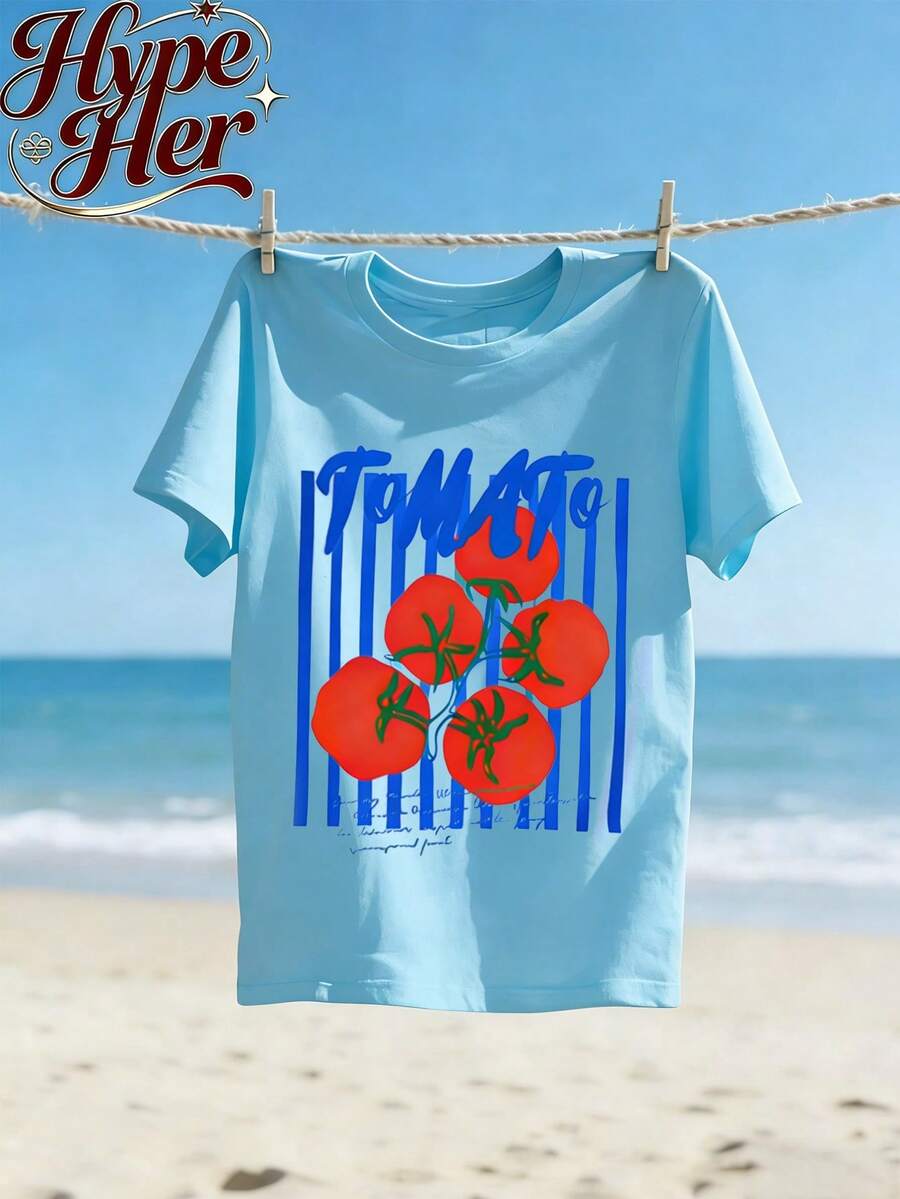 Women's Summer 'Tomato Vine Print Summer Garden Theme' Casual Vacation Style Loose Multi-Functional Crew Neck White Short Sleeve T-Shirt, Fashionable Everyday Top, Suitable For Daily Wear. - 淺藍色 - 查看 1