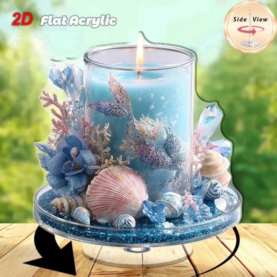 Juego de decoración de escritorio giratorio 2D de 1 pieza, incluye vela perfumada azul, figura de sirena y concha marina - Decoración elegante del hogar con temática oceánica, apta para uso interior/exterior, sin electricidad requerida, material acrílico duradero, excelente para sala de estar, dormitorio - A - Ver 1