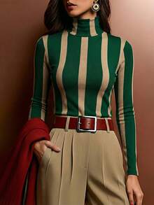 Women's Autumn/Winter Turtleneck Striped T-Shirt Top, Casual Daily Wear (JH25167) - Green - View 11