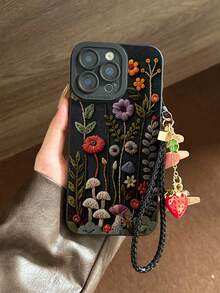 Minimalist Black Flower Elements 3D Embroidery Texture Mushroom Pattern Fashion Phone Case Floral Painted Perforated Black Painted With Strawberry Rope Creative Anti-Drop Phone Case Compatible With IPhone 17/17 Pro/17 Pro Max/16/11/16 Pro/16 Plus/16 Pro Max/16e/15 Pro Max/13/14/12/XS/XR/7G/8P, Galaxy 11/12 Pro/12/12X/13 Pro/14 Pro/15 Pro/X3 Pro, 10/9/Note 9/12C/Note 11 Pro/Note 8 Pro/9C/9A Spring Birthday - Multicolor - View 3