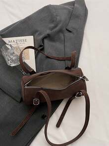 复古哑光圆柱形手提包，新款优雅小众时尚多功能通勤单肩腋下包，带手机和零钱包，女士款 - 咖啡 - 查看 10