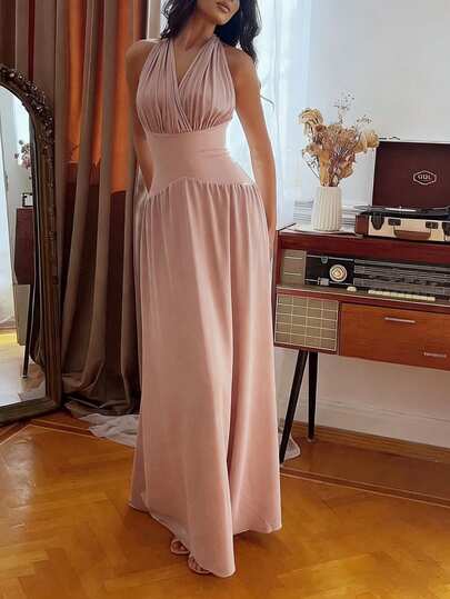 Elegant Solid Color V-Neck Backless Ruched Tie Waist Dress, Suitable For Bridesmaids, Formal Occasions