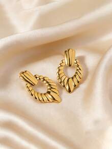 1 par de nuevos pendientes asimétricos de acero inoxidable con textura geométrica vintage, diseño elegante adecuado para uso diario, gran regalo para amigos - Dorado - Ver 6