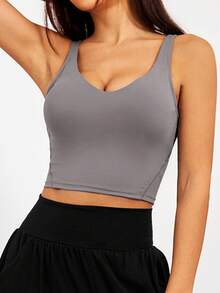 1 pezzo Canotta sportiva casual da donna senza maniche, stile versatile e abbinabile con tessuto elastico, adatta per fitness, yoga, allenamento, corsa, top senza schienale - Grigio Scuro - Visualizzare 5