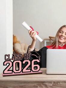 2pcs 2026 Pink Graduation Decor: Glitter Pink, Class Of 2026, Wooden Desktop Centerpiece - Ideal For Graduation Season, Graduation Celebration, And As A Centerpiece Decor For Male And Female Desktop Parties - Multicolor - View 6