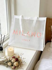 2件組「MILANO ITALY」印花網眼托特包套裝，大容量白色網眼沙灘包附配套化妝包，透氣透明肩背包，適合海灘與旅行，夏季度假、購物及日常使用之理想選擇，適用於女性、青少年與時尚愛好者，春假、海灘旅行與送禮之完美之選，可作為沙灘托特包、購物袋及化妝收納袋等多功能使用 - 彩色 - 查看 2