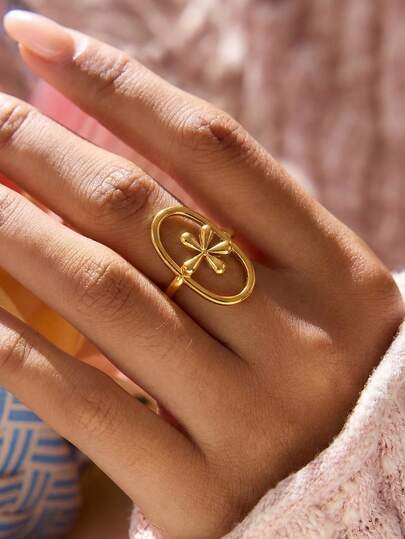 1Pc Dainty Oval Cutout Flower Open Rings For Women, 18K Gold Plated Stainless Steel Ring, Minimalist Jewelry For Daily Wear, Spring Summer Accessories For Women Girls, Valentine's Day Gifts, Mother's Day Gifts