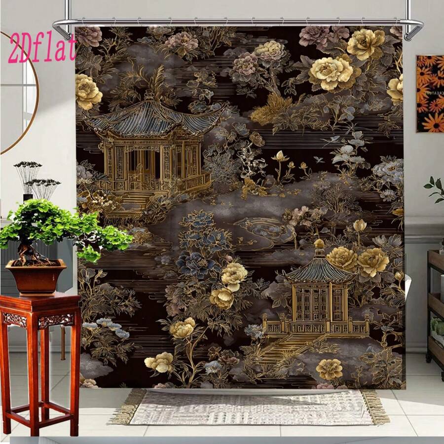 1pc Elegant Chinese Peony & For Lotus Shower Curtain - Dark Brown/Beige/Burgundy Traditional Asian Bath Decor With Golden/Black Pagoda & Cloud Patterns, High Quality (70.8x70.8 Inch) + Hooks For Spa-Like Bathroom Upgrade, 2D Flat - A - Xem 1