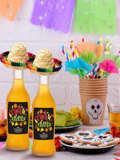 Sombrero mexicano mini de ala ancha, sombrero de ala ancha para tapa de botella - Decoración festiva de plástico tejido de colores, textura de mármol, lavar a mano, adecuado para el Cinco de Mayo, decoración de botellas y mesas, suministros para fiestas temáticas