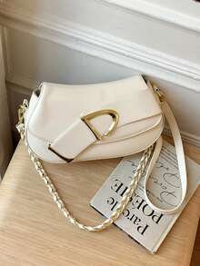 非主流链条马鞍包，女士今年新款，百搭奢华小众高端质感斜挎小包 - 白色 - 查看 4