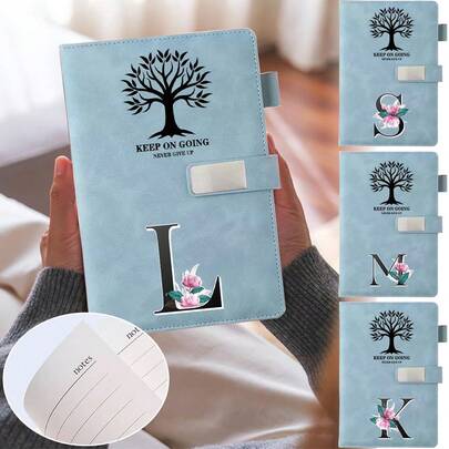 Sổ tay da A5 cổ điển cá nhân hóa - Họa tiết cây trắng vân đá cẩm thạch, chữ cái A-Z, bìa da, khóa nam châm, văn phòng phẩm lý tưởng cho các cuộc họp kinh doanh, nhật ký cuộc sống sinh viên.