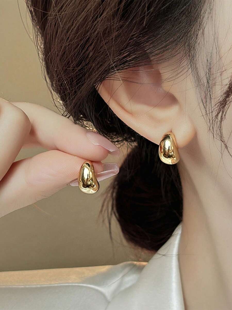 1 Pair Korean Elegant Minimalist Style Golden Bead & Water Drop Earrings, Suitable For Daily Wear And Parties