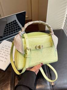 Niche High-End Crocodile Embossed New Women's Shoulder Bag, Flap Lock Small Square Bag, Fashion Versatile Handbag & Crossbody - Green - View 9