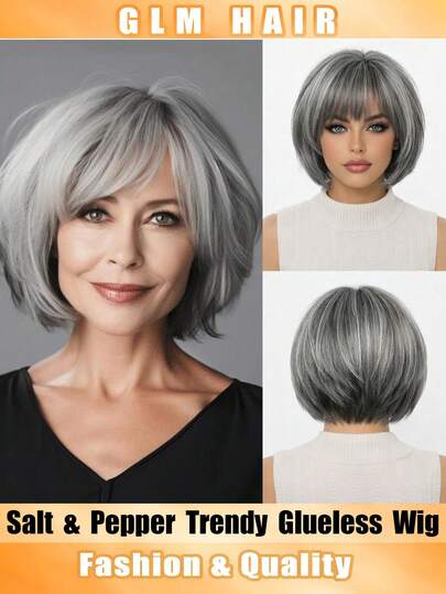 6英寸灰白相间柔顺直发假发，真人发丝，无胶高清蕾丝波波头假发，混合灰色，预先拔毛、预先剪裁，蕾丝贴合，可直接佩戴，适合日常、派对等场合。