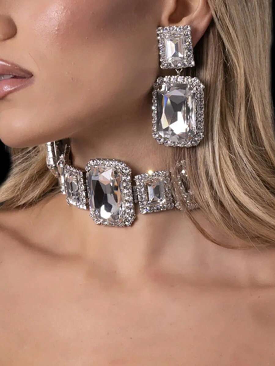 Fashion Bling Rhinestone Earrings Necklace Set Bridal Wedding Banquet Necklace Earrings Jewelry Set - Multicolor - View 1