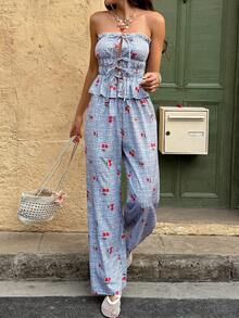 Bộ đồ hai mảnh mùa hè giản dị in hình quả anh đào, áo crop top kẻ caro buộc dây phía trước, viền bèo nhún, trang phục dự tiệc cho nữ, họa tiết hoa không đối xứng. - Nhiều màu - Xem 2