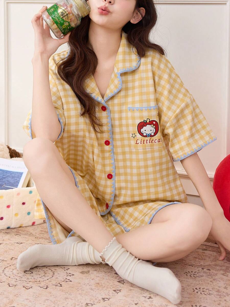 2pcs Women Pajama Set, Short Sleeve Cardigan And Shorts, Skin-Friendly Sleepwear For Summer - Yellow - View 1