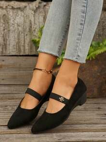 Women's Elastic Strap Strap Wedge Soft Sole Comfortable Pointed Toe Black Canvas Flat Shoes, Plus Size - 黑色 - 查看 4