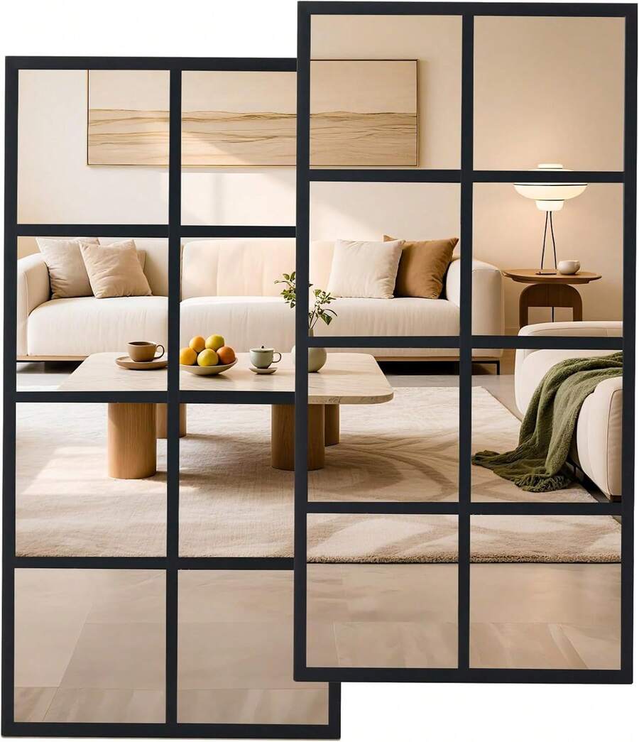 Black Metal Frame Window Pane Wall Mirror, 8-Grid Design Decorative Mirror, Modern Farmhouse Wall Mount Mirror For Bathroom Bedroom Entryway Living Room - 2pcs 1632BK2P - View 1