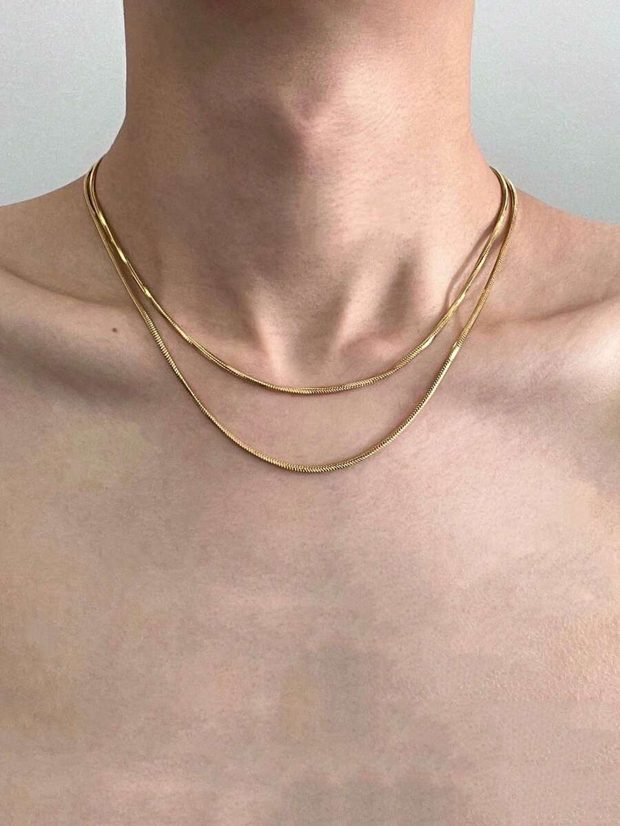 CVNANA 1 chiếc dây chuyền dạng mắt xích rắn bằng thép không gỉ mạ vàng 18K - Phong cách tối giản, phù hợp để đeo hàng ngày, phối đồ đường phố, làm lớp áo và làm quà tặng tối giản. - A - Xem 1