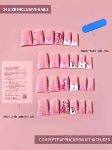 24片Y2K长款鸭嘴星形图案粉色法式、白色法式按压式美甲贴纸，带水钻装饰、3D白色蝴蝶结，亚克力假指甲套装包括：1片果冻凝胶和1个指甲锉，鸭嘴法式美甲，适合女性和女孩日常DIY、节日派对等。 - 彩色 - 查看 3