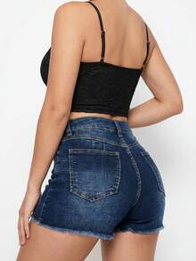 Vacation Style Women's Pocketed Ripped Frayed Hem High Waist Denim Shorts Casual Summer - Blue - View 2