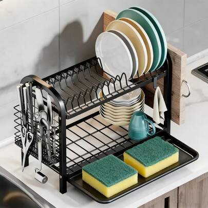 Dish Drainers,Dish Drainer Dish Rack,Dish Drying Rack,2 Tier Dish Drying Rack,Dish Drainer Rack With Drip Tray, Dish Rack With Swivel Spout, Sink Drainer Rack With Utensil Holder, Cup Rack, Black