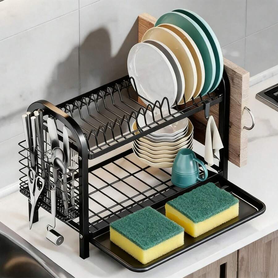 沥水架、沥水碗碟架、碗碟晾干架、双层碗碟晾干架、带滴水盘的沥水架、带旋转出水口的沥水架、带餐具架的水槽沥水架、杯架、黑色 - 黑色 - 查看 1