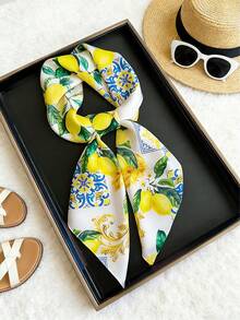 1 Stück Damen Frühlings Seiden Satin Schal, Blau Zitrone Blumen Muster, Tägliches Accessoire Geschenk, Ideal für Valentinstag oder Strandbekleidung - Chain Lemon - Übersicht 4