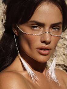 1pc Metal Chain Face Jewelry With White Feather Tassel, Party Accessory - Silver - View 1