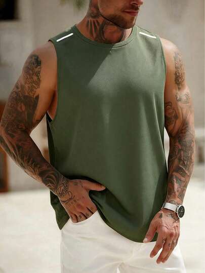 Men's Sleeveless Quick-Dry Sports T-Shirt, Suitable For Basketball Training And Fitness, Green, Summer