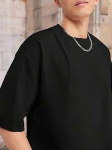 Camiseta casual de cuello redondo de ajuste holgado y hombros caídos para hombre, unicolor, Couple Things - Negro - Ver 2