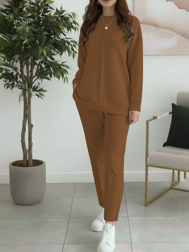 女士休闲纯色简约圆领长袖上衣，搭配女士休闲纯色简约圆领长袖上衣 - 淺棕色 - 查看 1