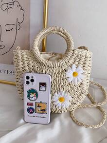 Daisy Straw Woven Bag | Romantic Essential For Summer Vacation And Daily Outings. Semi-Circular Body With 3D Daisy Decor! Dual Handle Design Includes A Short Hand Strap For Short Trips And A Detachable Long Shoulder Strap, Crossbody Or Shoulder Carry, Easily Matches Commuting, Shopping Or Beach Vacation Scenes. - Multicolor - View 9