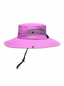 1件装女士夏季遮阳帽沙滩帽宽檐户外防紫外线帽可折叠透气网眼马尾辫渔夫帽 - 英文刺繡馬尾漁夫帽 - 查看 12