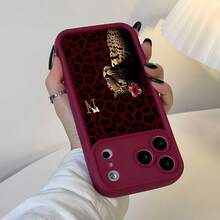 猎豹纹单件装酒红色渐变极简黑色豹纹花卉图案手机壳，兼容 16 Pro Max、17/16/15/14 Plus、13/12/11 及系列，国际版，非国内版 - 彩色 - 查看 4