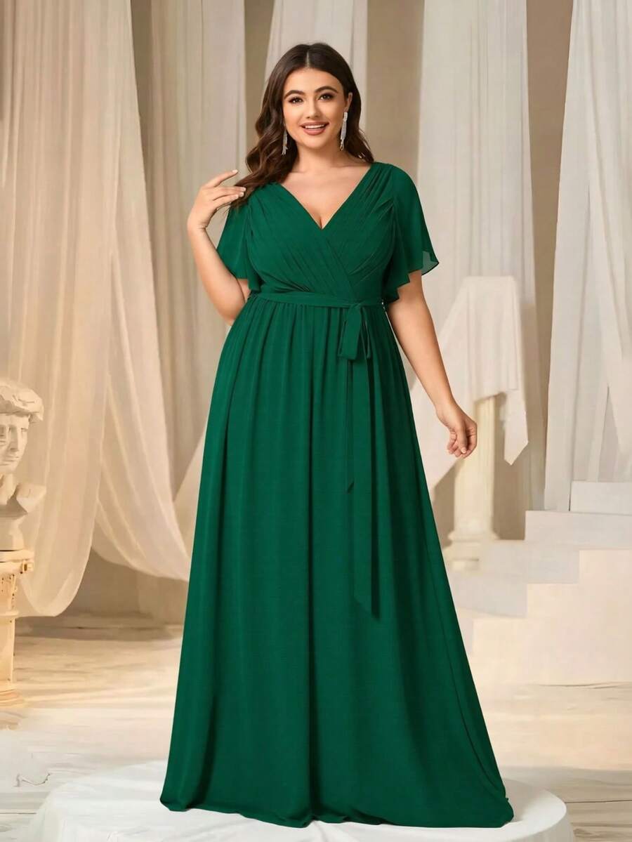 EVERPRETTY Elegante vestido formal de dama de honor con cuello en V, mangas con volantes plisados, color verde oliva, diseño con lazo en la cintura, adecuado para la madre de la novia, vestido de invitada a la boda de primavera/verano - Verde Oscuro - Ver 1