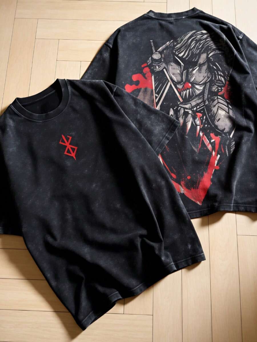Unisex Vintage Anime Washed | 100% Cotton | Retro T-Shirt With Anime Art Print | Unique Gift For Anime Fans| Streetwear Style For Men & Women - 黑色 - 查看 1