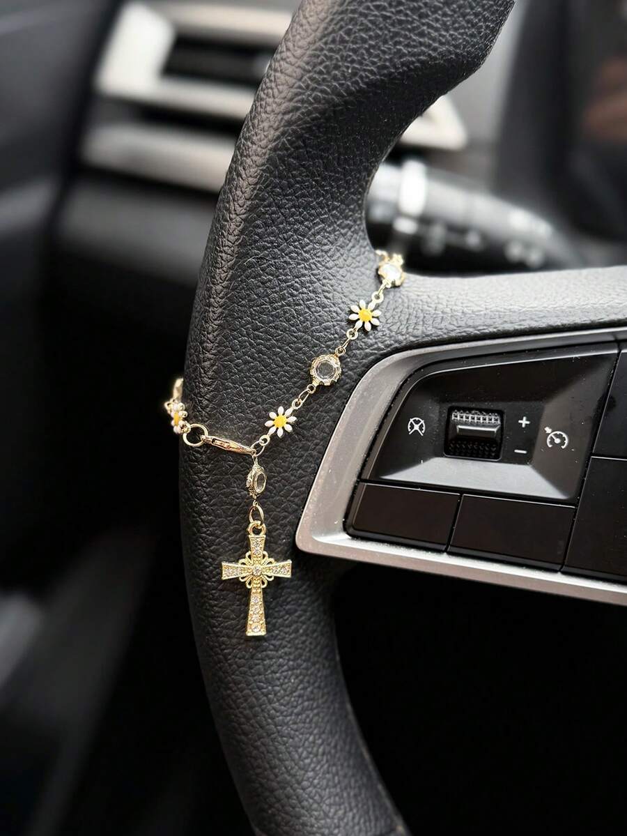 1pc Daisy Flower Cross Car Steering Wheel Decorative Chain Interior Decoration Accessories - A - View 1