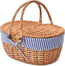 15 Wicker Picnic Basket With Lid & Handle, Sturdy Natural Woven Basket With Washable, Easter, Mother's Day, Outdoor Camping - Solid - View 2