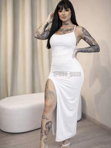 Vestido Branco Longo Elegante Suplex Feminino de Ajuste Com Decote Lateral Costas Nuas - Branco - Visão 9