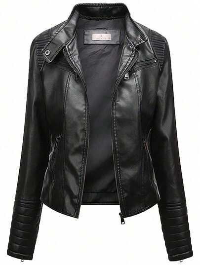 女士防风保暖摩托车夹克，户外防风外套，带拉链和多个口袋，适合春秋季穿着，黑色