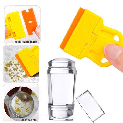 Nail Stamping Plate, Scraper, Multifunctional Cleaning Spatula For Transfer & Adhesive Removal, With New Full-Clear Double-Ended French Manicure Stamping Heads Complete Nail DIY Decoration Art Tool Set For Acrylic Press-On Nail Art DIY Women Beauty Gift